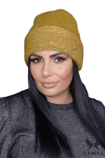 Stylish Kamea women's orange hat with sophisticated shiny details and a fashionable fold design, ideal for brightening winter outfits.
