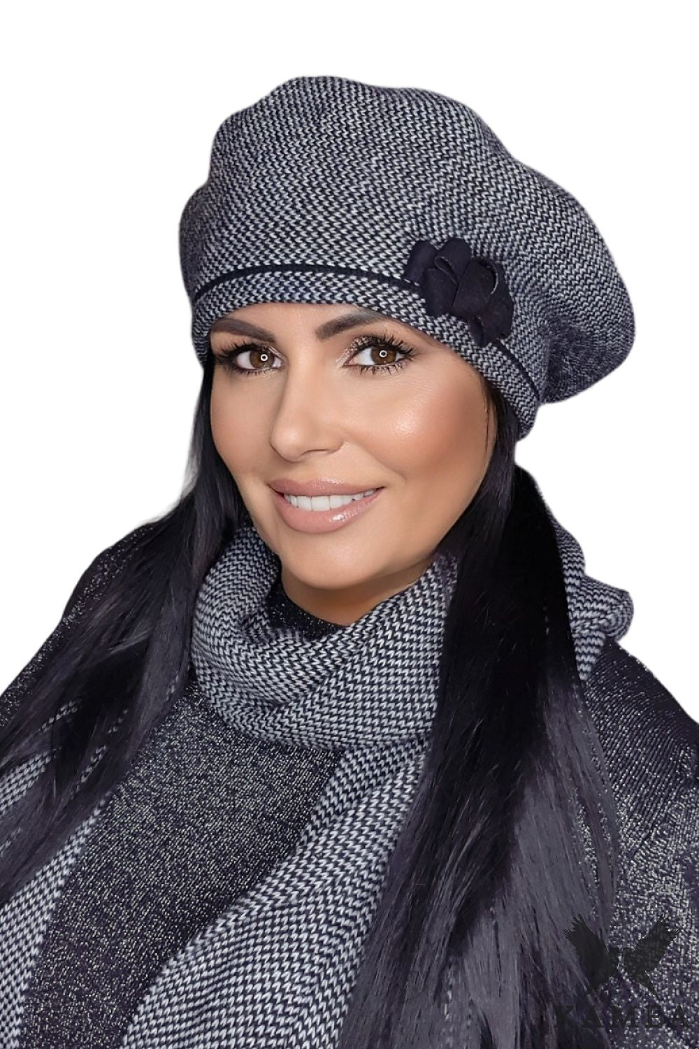 Chic and feminine Kamea navy blue houndstooth beret with distinctive bow, crafted from high-quality materials.
