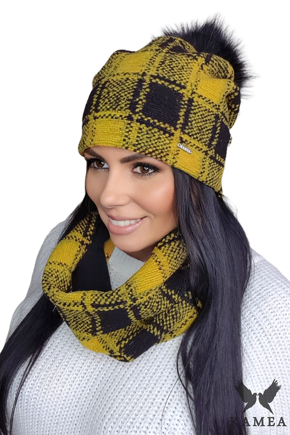 Luxurious Kamea Premium Gambit Women's Mustard Winter Set featuring a stylish wool hat with a fur pom-pom and a chic checkered scarf, perfect for cold weather.