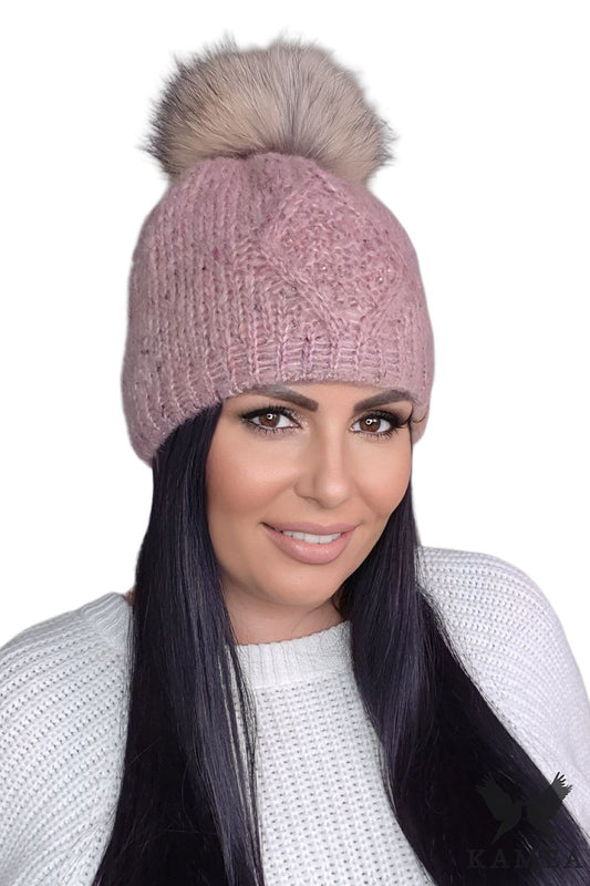 Elegant premium women's pink mohair hat by Kamea, featuring a luxurious fur pom-pom and cosy fleece insulation, perfect for cold autumn and winter days.
