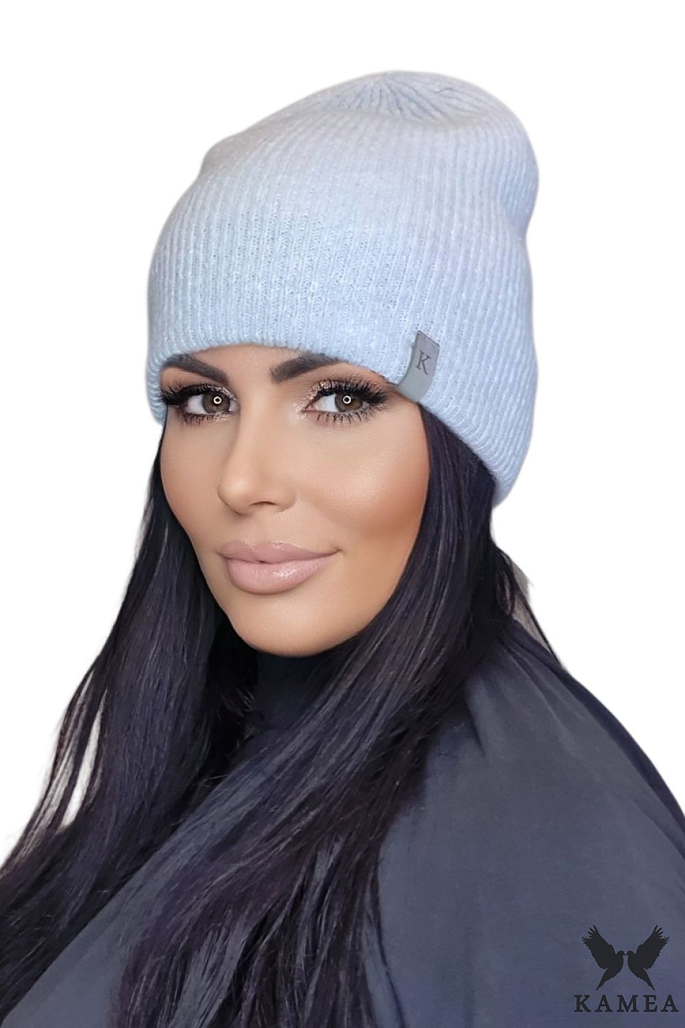 Premium Ceres Blue Women's Hat by Kamea - Soft, double-layered, featuring an elegant leather accent for luxurious warmth in winter.