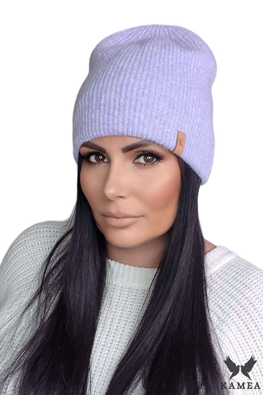 Premium Ceres Blue Women's Hat by Kamea featuring elegant leather accent, soft double-layered design for warmth and comfort.