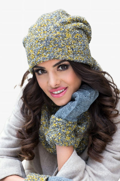 Chic mustard scarf from Kamea, beautifully designed to complement the women's hat set for luxury winter fashion.