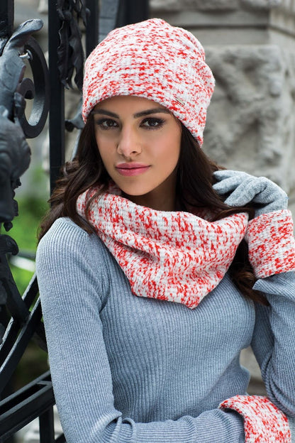 Complete Kamea Cornelia women's set showcasing fashionable orange hat and cowl, perfect for winter elegance and comfort.