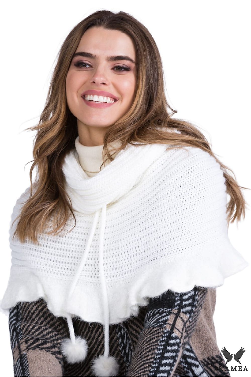 Elegant Premium Kamea Fatima Poncho for Girls, featuring a luxurious wool blend with ruffle and pom-pom details, perfect for stylish little ladies.