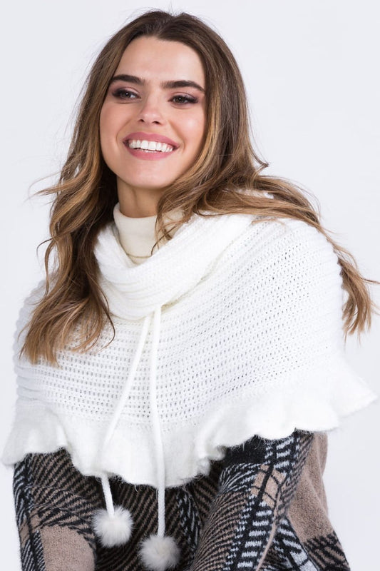 Luxury Kamea Fatima poncho for girls, elegantly crafted from a wool blend, featuring charming ruffles and decorative pom-poms, perfect for stylish young ladies.