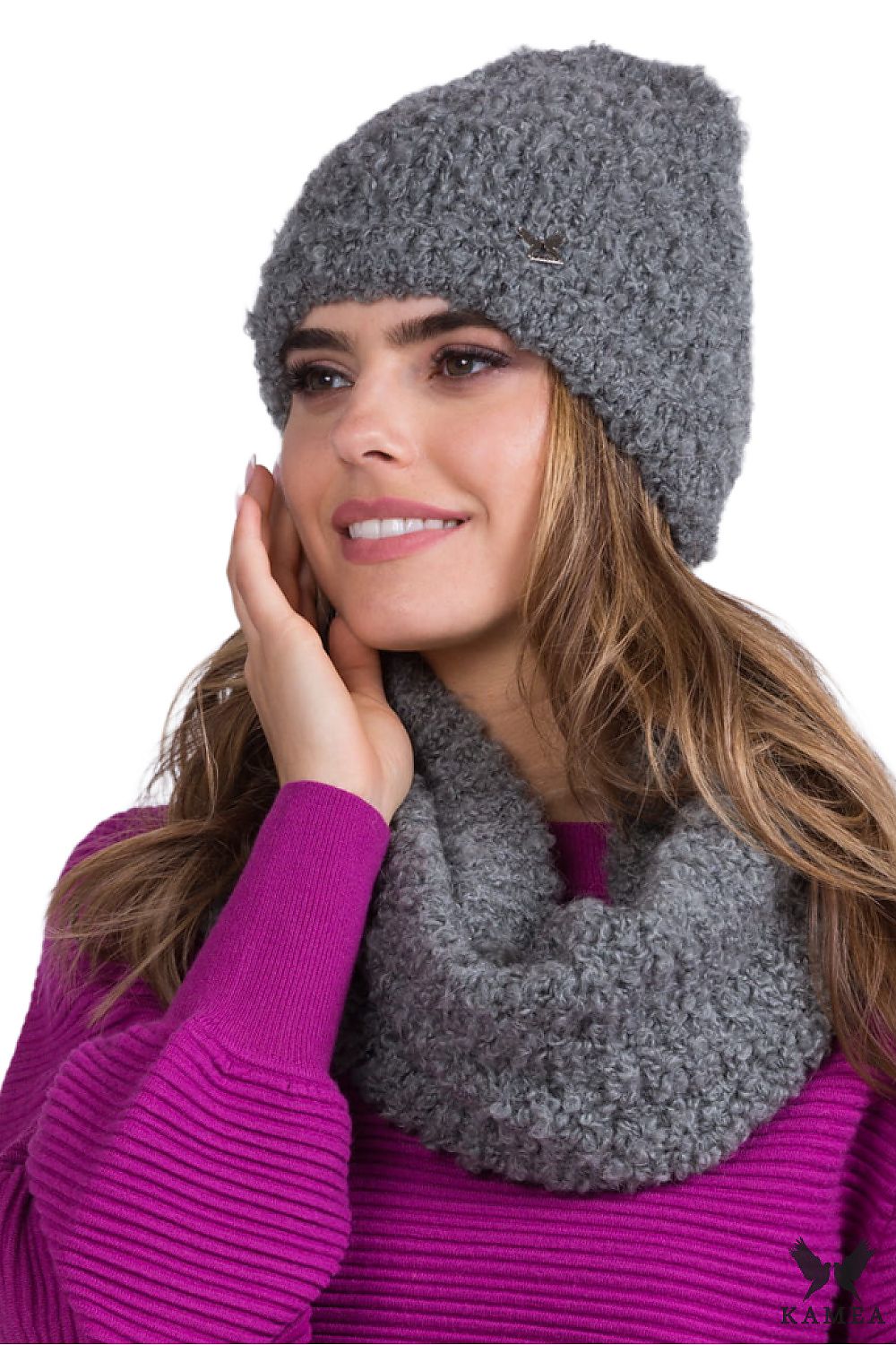 Luxurious Kamea heather boucle hat with mohair and polar lining, perfect for stylish winter wear.