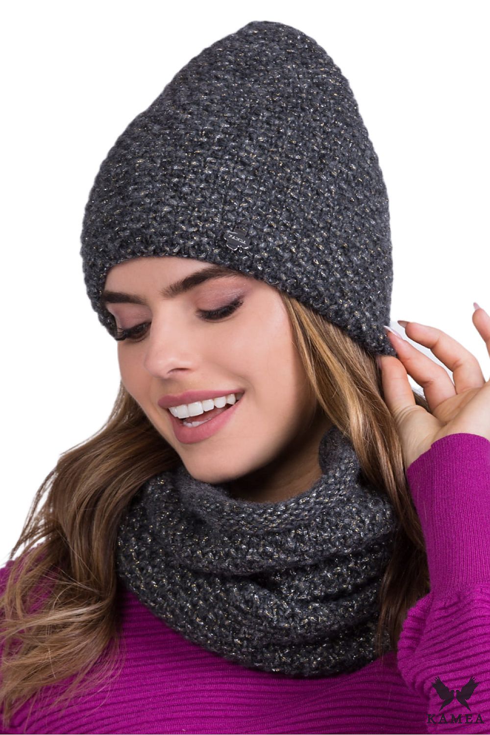 Luxurious women's winter hat in graphite, designed by Kamea, featuring shiny lurex thread and soft lining for comfort and style.