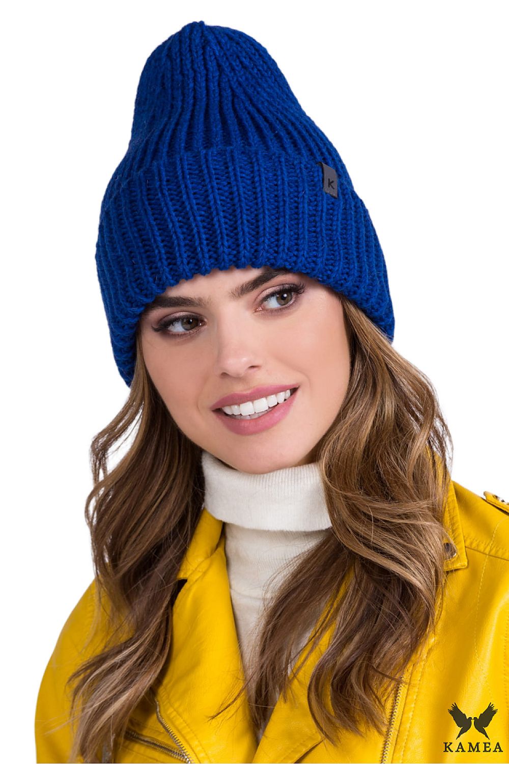 Luxurious cornflower women's winter hat by Kamea, crafted from a premium blend of soft wool and alpaca, featuring a stylish wide cuff and thick knit design, perfect for warmth and elegance.