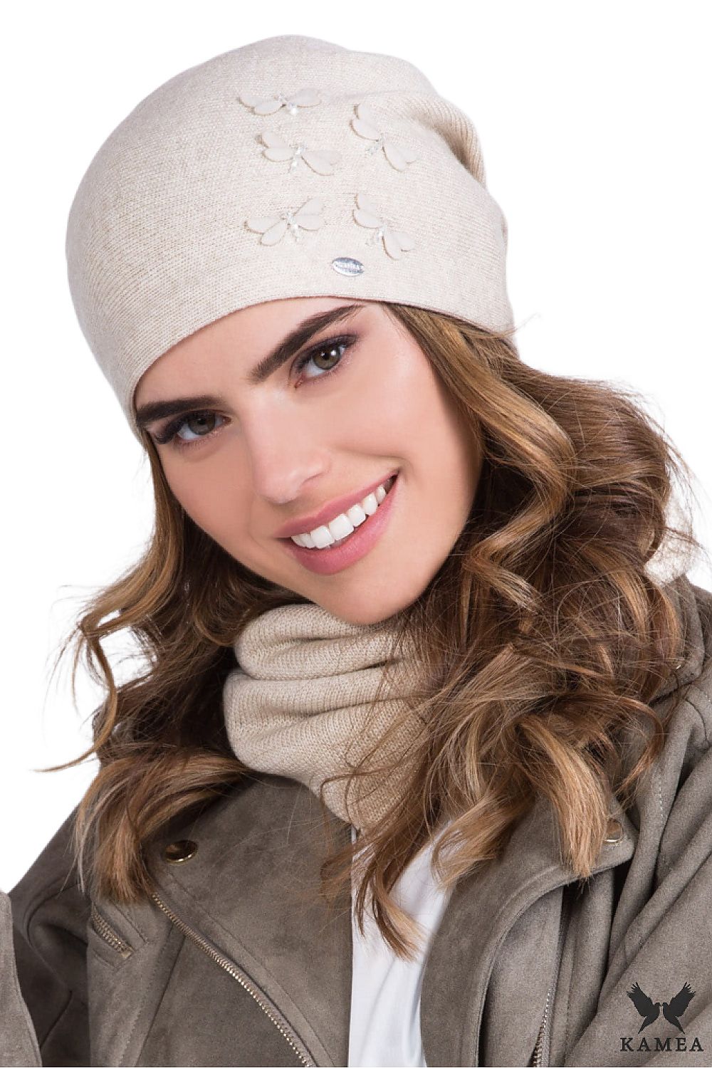 Premium women's beige hat by Kamea featuring a delicate dragonfly design and elegant beaded accents, perfect for spring and autumn styles.