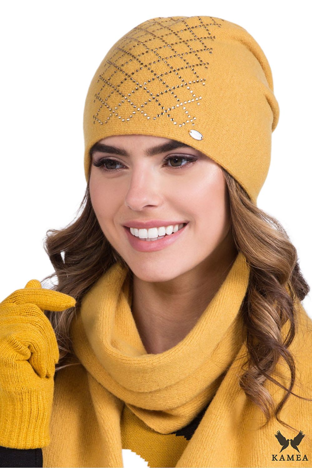 Elegant mustard wool ladies hat from Kamea featuring a shiny checkered pattern embellished with silver jet beads, perfect for autumn-winter style.