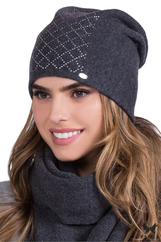Sophisticated Kamea ladies hat in premium mustard wool with a luxurious shiny checkered design and delicate silver jet beads, ideal for a chic winter look.