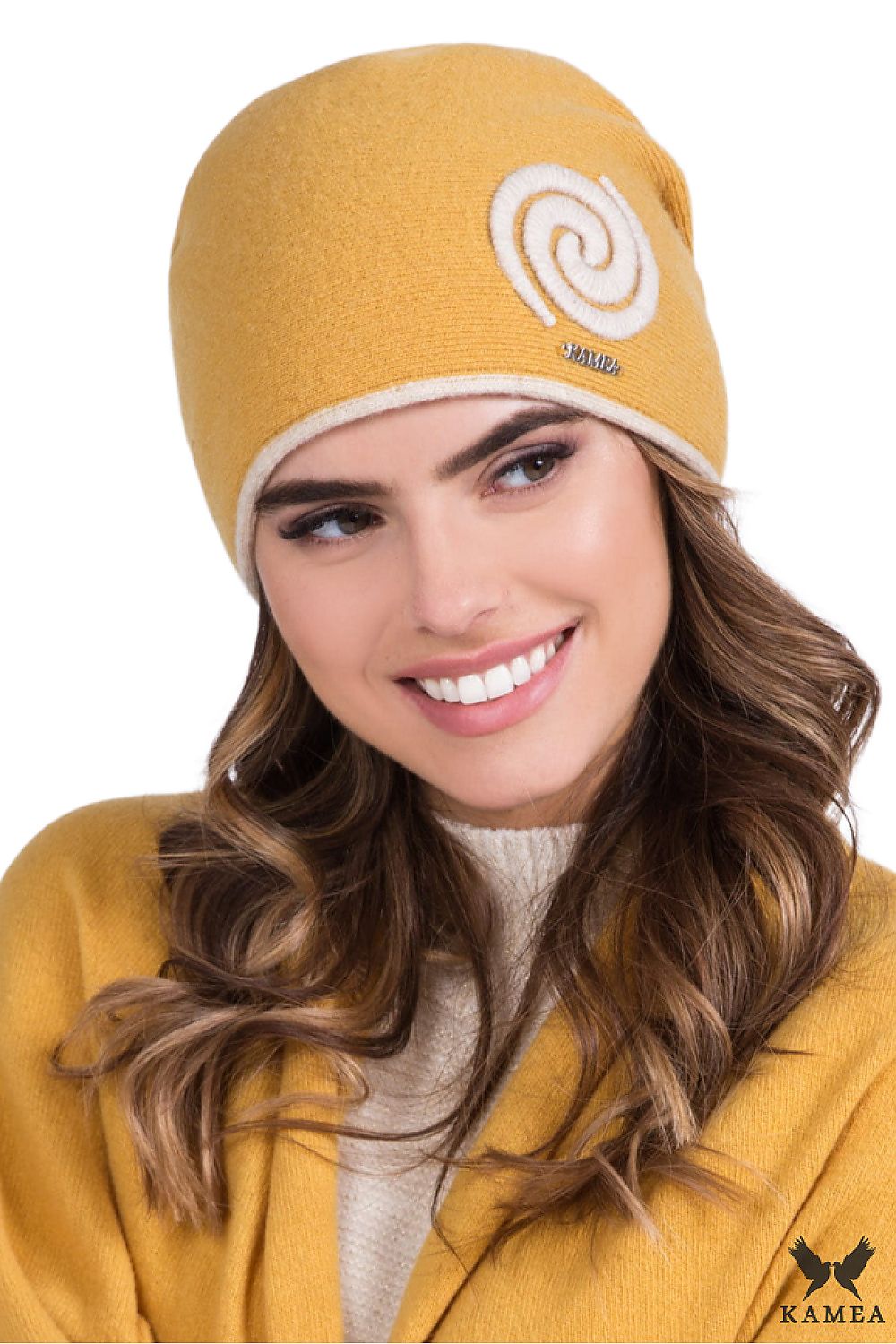 Kamea Premium Wool Winter Hat Szila in Mustard with unique snail application, designed for warmth and elegance, ideal for cold weather.