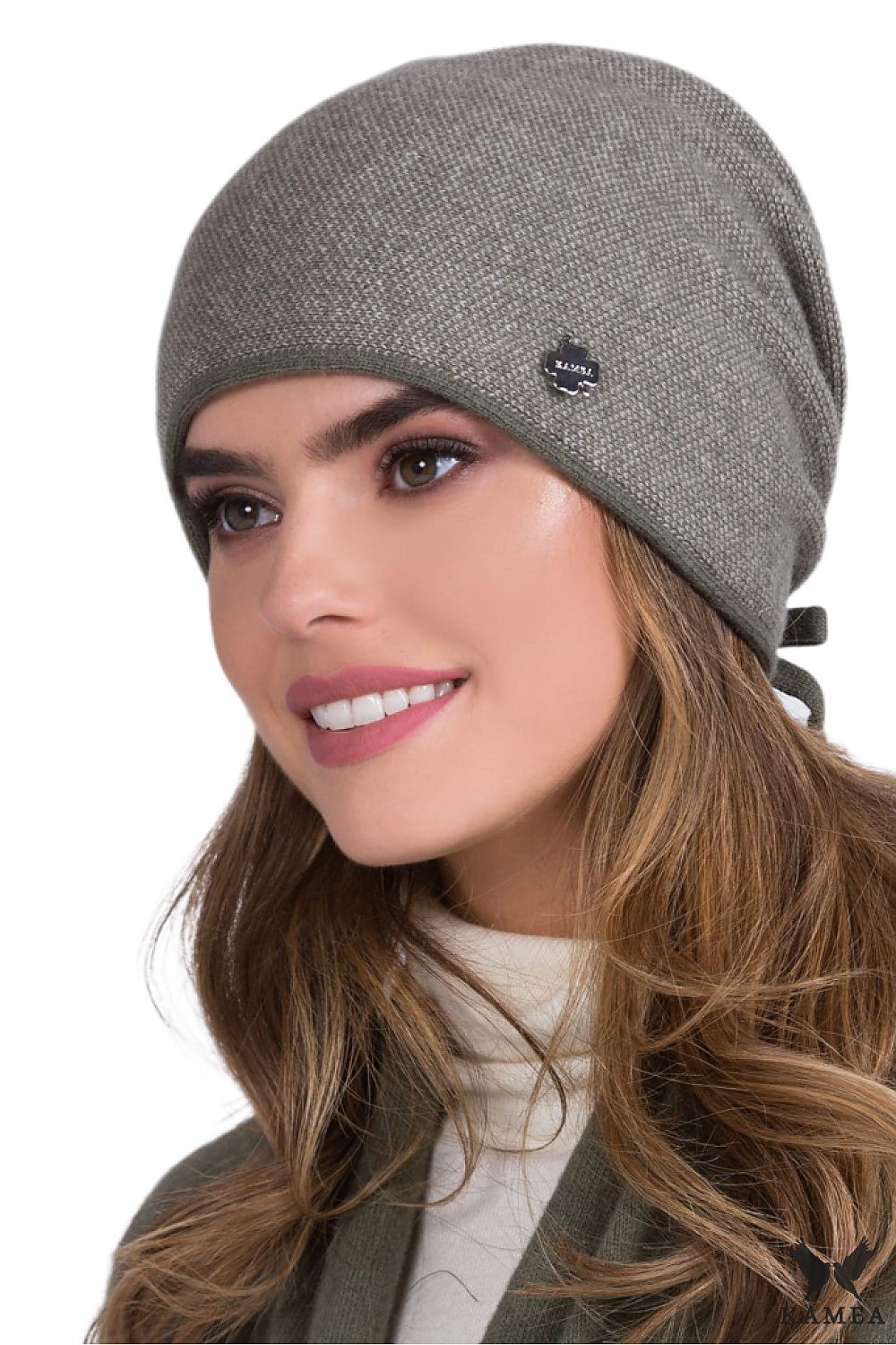 Premium Kamea women's woolen khaki check hat featuring a decorative tie and insulation, perfect for adding elegance and warmth to winter outfits.