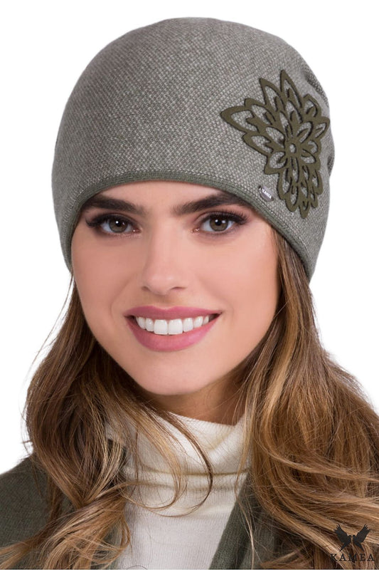 Premium Kamea women's khaki wool hat featuring an elegant houndstooth design and luxurious flannel detail, perfect for sophisticated winter looks.