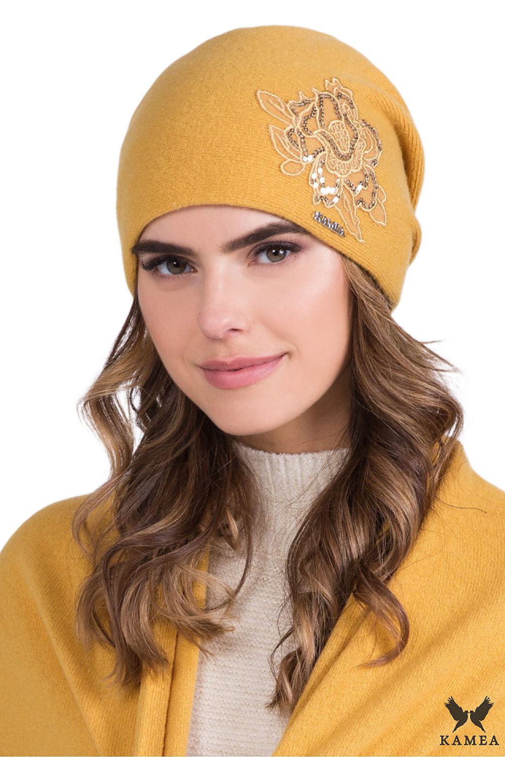 Elegant Kamea premium mustard wool hat adorned with exquisite embroidery and handcrafted sequins, perfect for stylish cold weather wear.