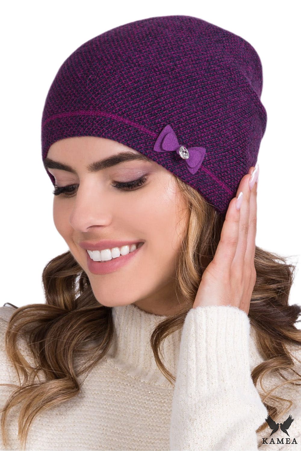 Luxurious Kamea women's fuchsia hat featuring a timeless houndstooth pattern and elegant bow, perfect for stylish occasions.