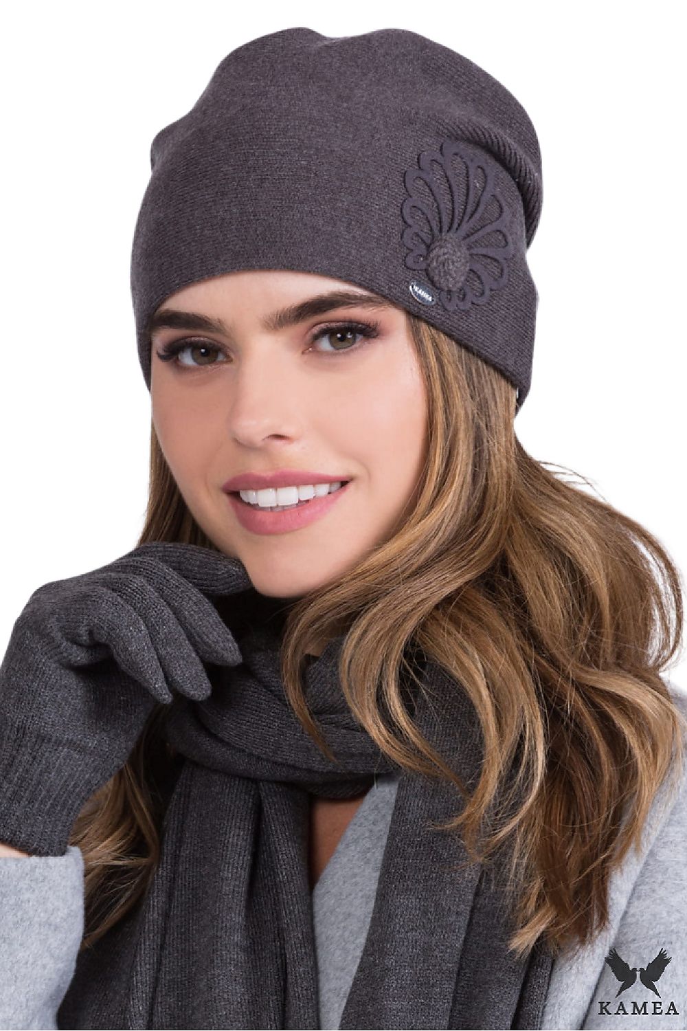 Luxury premium women's graphite hat by Kamea with elegant flauszowa application and shimmering silver logo, perfect for stylish winter wear.
