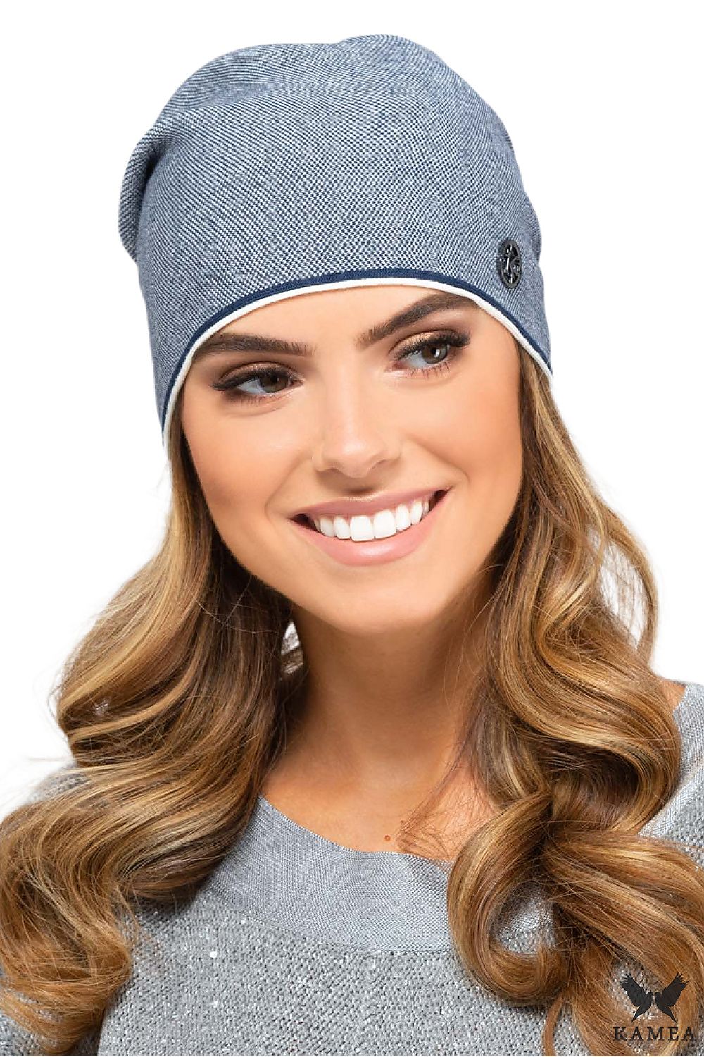 Premium women's VIZCAYA hat in light navy blue by Kamea, crafted from soft viscose with a charming two-tone design, ideal for stylish spring, summer, and autumn looks.