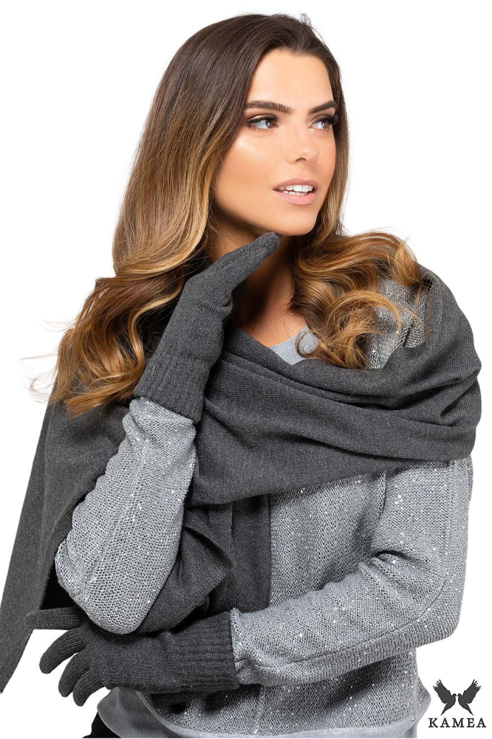 Stylish women's shawl scarf in mustard by Kamea, featuring luxurious fabric for a chic winter accessory.