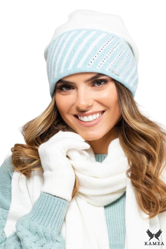 Elegant Premium Kamea Women's Ecru Nevada Hat featuring woven inserts and a silver logo, perfect accessory for autumn and winter fashion, crafted from soft high-quality yarn for ultimate comfort.