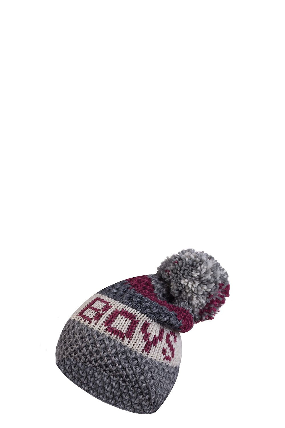 Chic fuchsia knitted women's hat from Kamea, embellished with unique patterns and a plush pompom, perfect for cold weather.