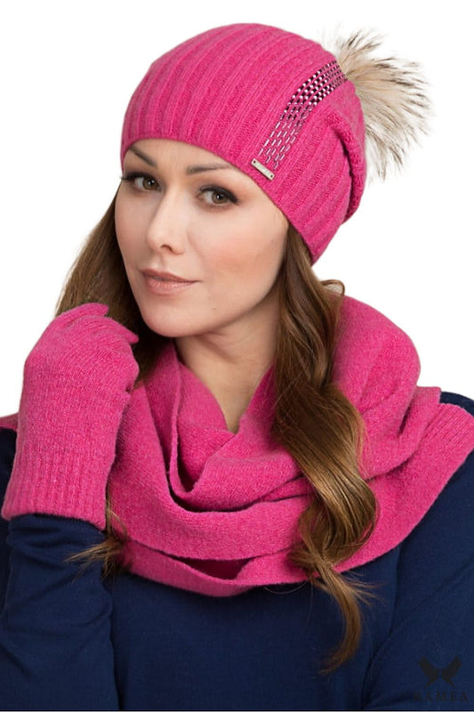 Premium Amber wool hat by Kamea featuring a raspberry pompom and sparkling jet band, ideal for stylish winter fashion.