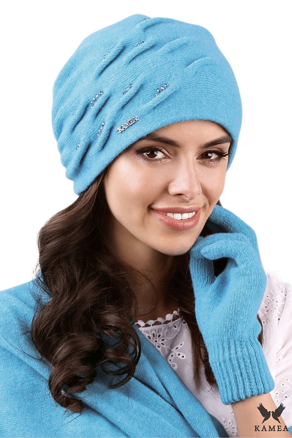 Luxurious Kamea Premium Turquoise Hat featuring a unique wave pattern and sparkling bead details, ideal for autumn-winter fashion.