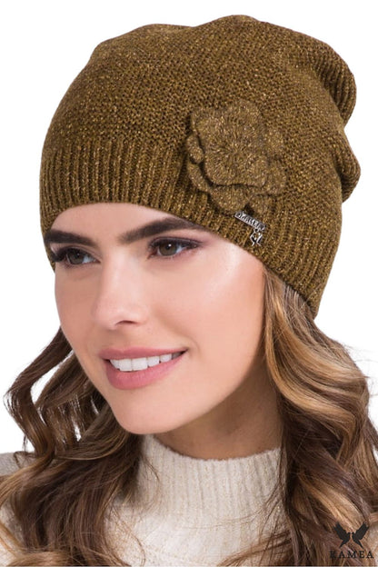 Elegant khaki hat for women by Kamea, featuring a delicate floral design, crafted from soft acrylic, wool, and silk for a luxurious touch.