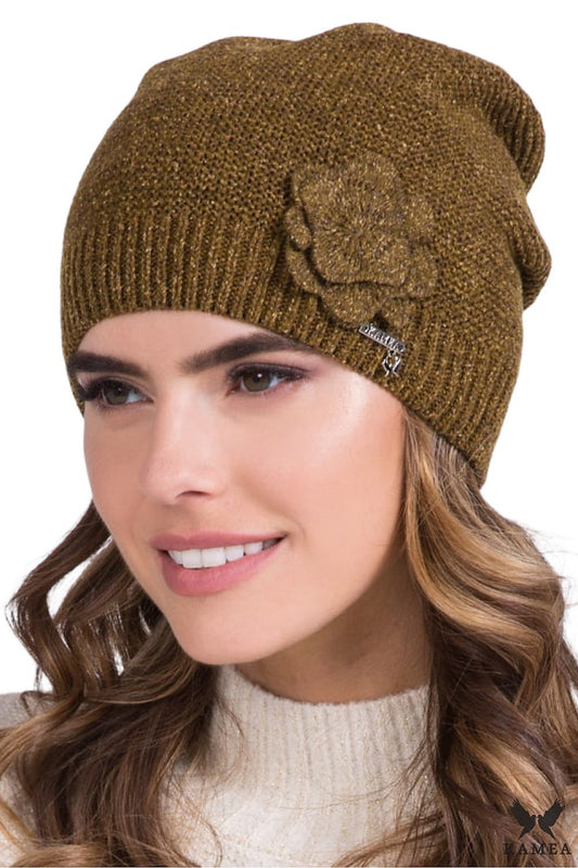 Elegant khaki hat for women by Kamea, featuring a delicate floral design, crafted from soft acrylic, wool, and silk for a luxurious touch.