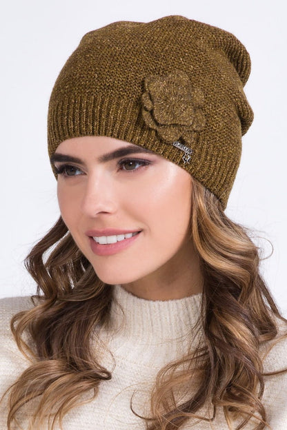 Side view of Kamea's women's khaki hat adorned with a charming floral accent, made from premium wool and silk blend for stylish warmth.