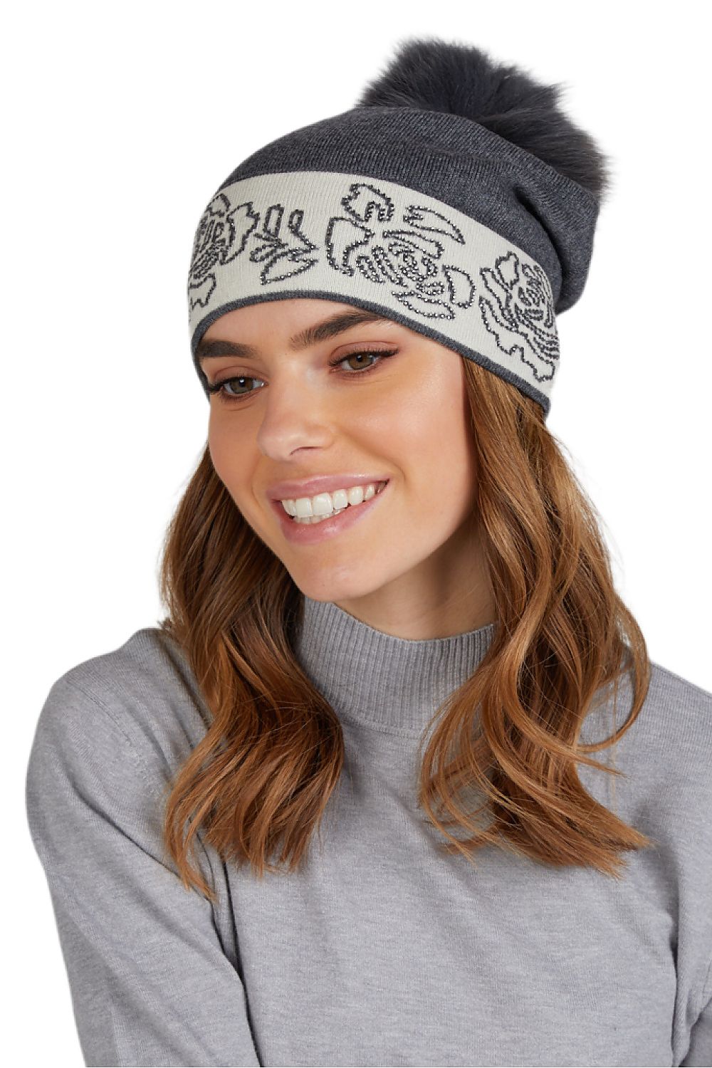 Luxurious Kamea women's graphite hat with natural fox fur pompom and elegant silver jet floral design, perfect for spring and autumn styling.