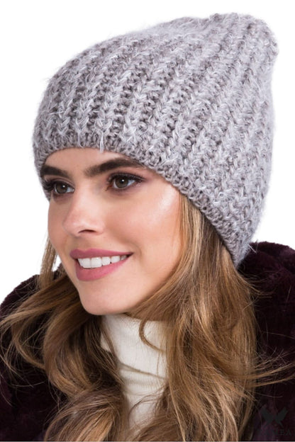 Premium women's dark beige Hermina hat by Kamea showcasing thick braided stitches, perfect for autumn-winter warmth.