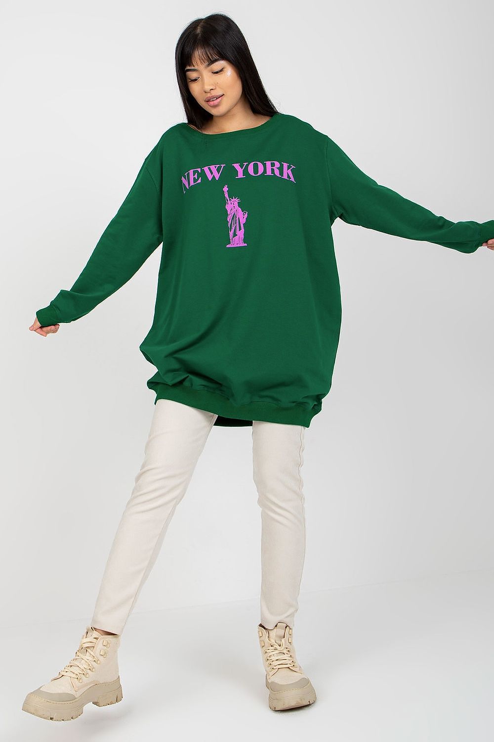 Elegant long sleeve oversized sweatshirt for women by Factory Price, made from high-quality cotton blend with a striking fashionable print, perfect for casual outings.