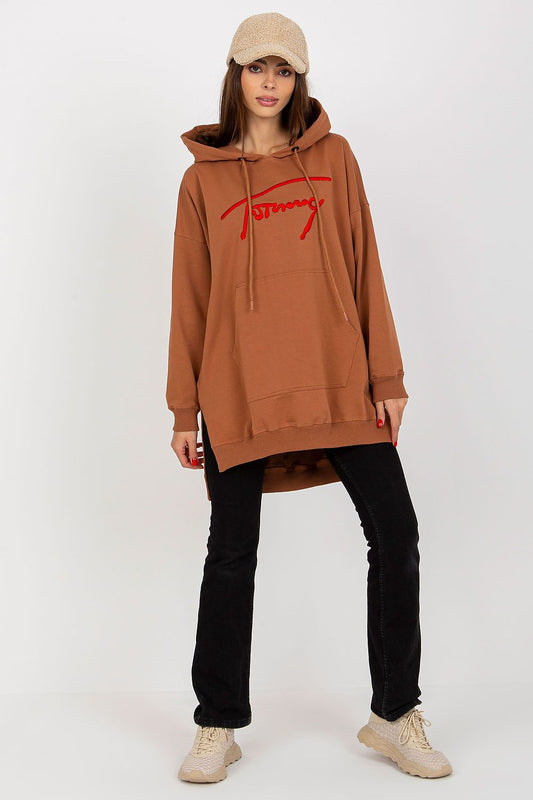 Luxury women's long casual sweatshirt in EU size 0 by Factory Price, featuring a stylish hood and practical kangaroo pocket, perfect for chic everyday wear.