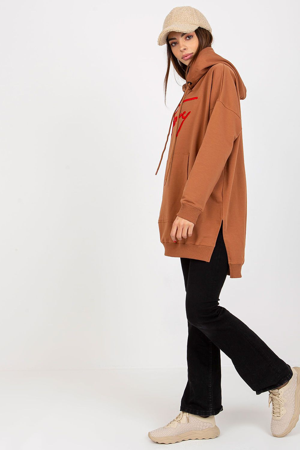 High-quality cotton blend casual sweatshirt for women in EU size 0 by Factory Price, showcasing a minimalist design and comfortable fit with side slits.