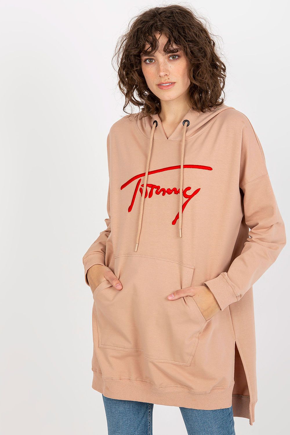 Factory Price's Luxury Women's Long Casual Sweatshirt with practical kangaroo pocket, hood, and long sleeves for cold days.