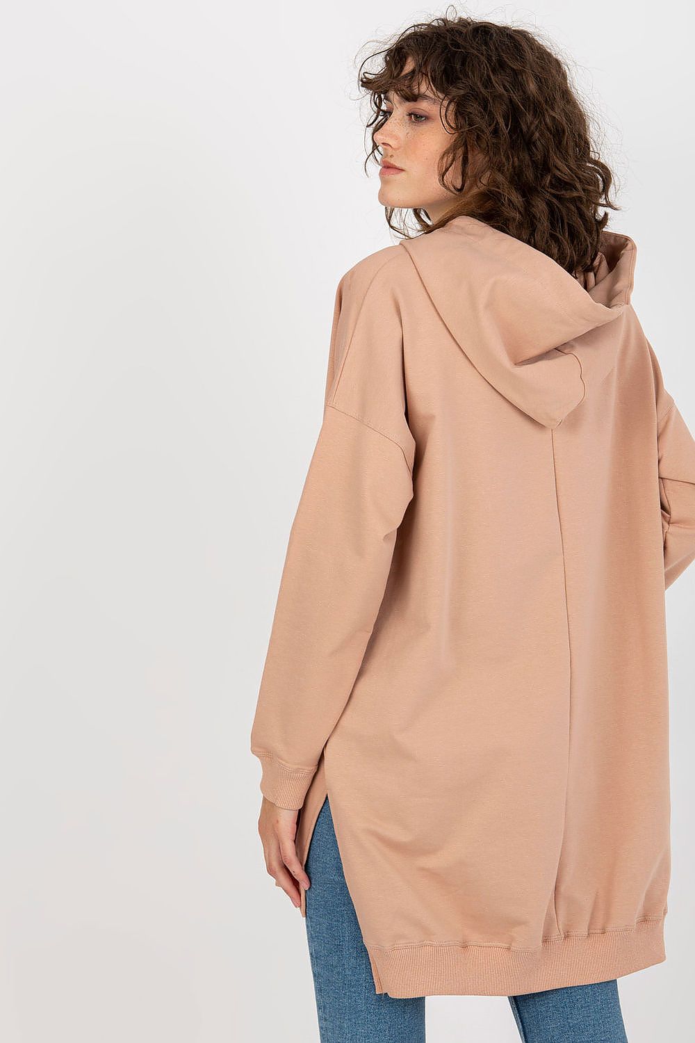 Luxury women's long casual sweatshirt in EU size 0 by Factory Price, featuring a comfortable cotton blend, hood, and kangaroo pocket, perfect for stylish everyday wear.