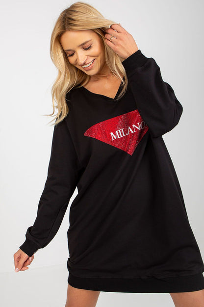 Luxurious long women's casual sweatshirt by Factory Price featuring a stylish V-neck and sparkling jet stone detail.