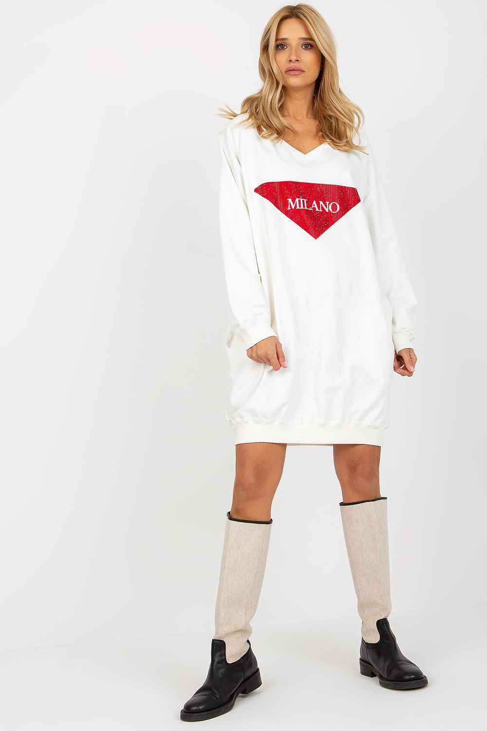 Luxurious women's long casual sweatshirt in jet stone detail with pockets from Factory Price, perfect for stylish everyday wear.