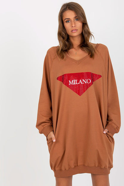 Luxurious women's long casual sweatshirt by Factory Price, featuring V-neck and jet stone detailing in a stylish design.