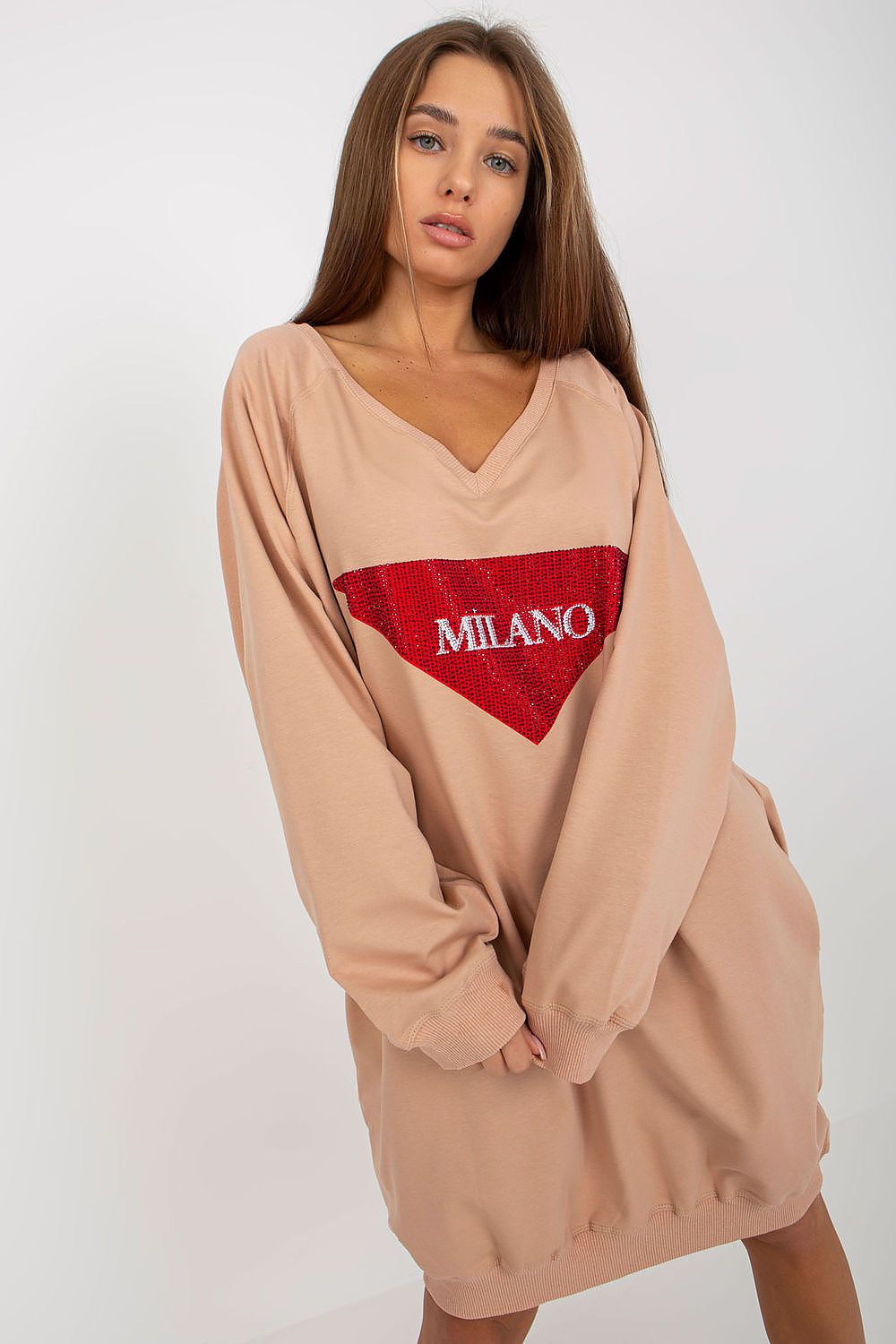Elegant silhouette of the long casual sweatshirt by Factory Price, showcasing its flattering fit and luxurious V-neck design.