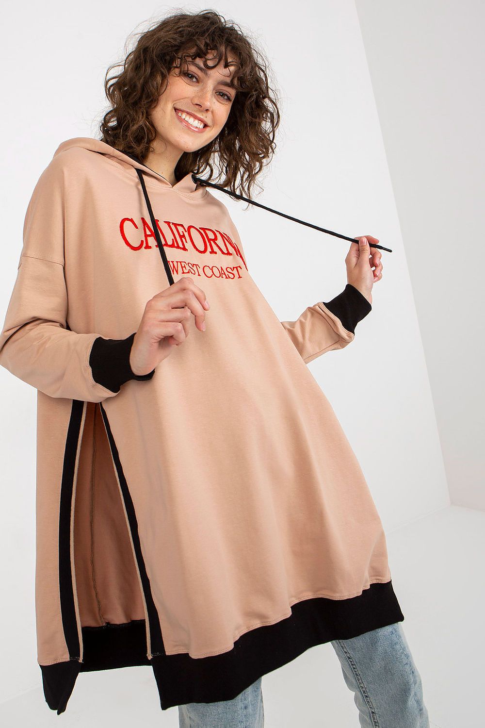 Elegant back view of Factory Price Women's Long Sweatshirt, showcasing the extended cut and practical side slits for added comfort.