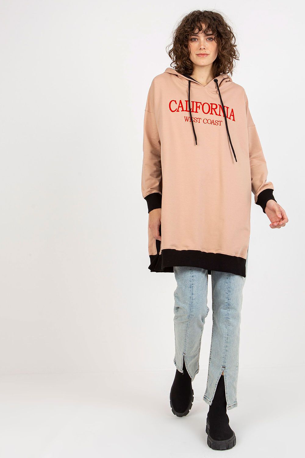 Front view of a relaxed fit Women's Casual Sweatshirt by Factory Price, designed with a striking logo patch and ideal for cool weather styles.