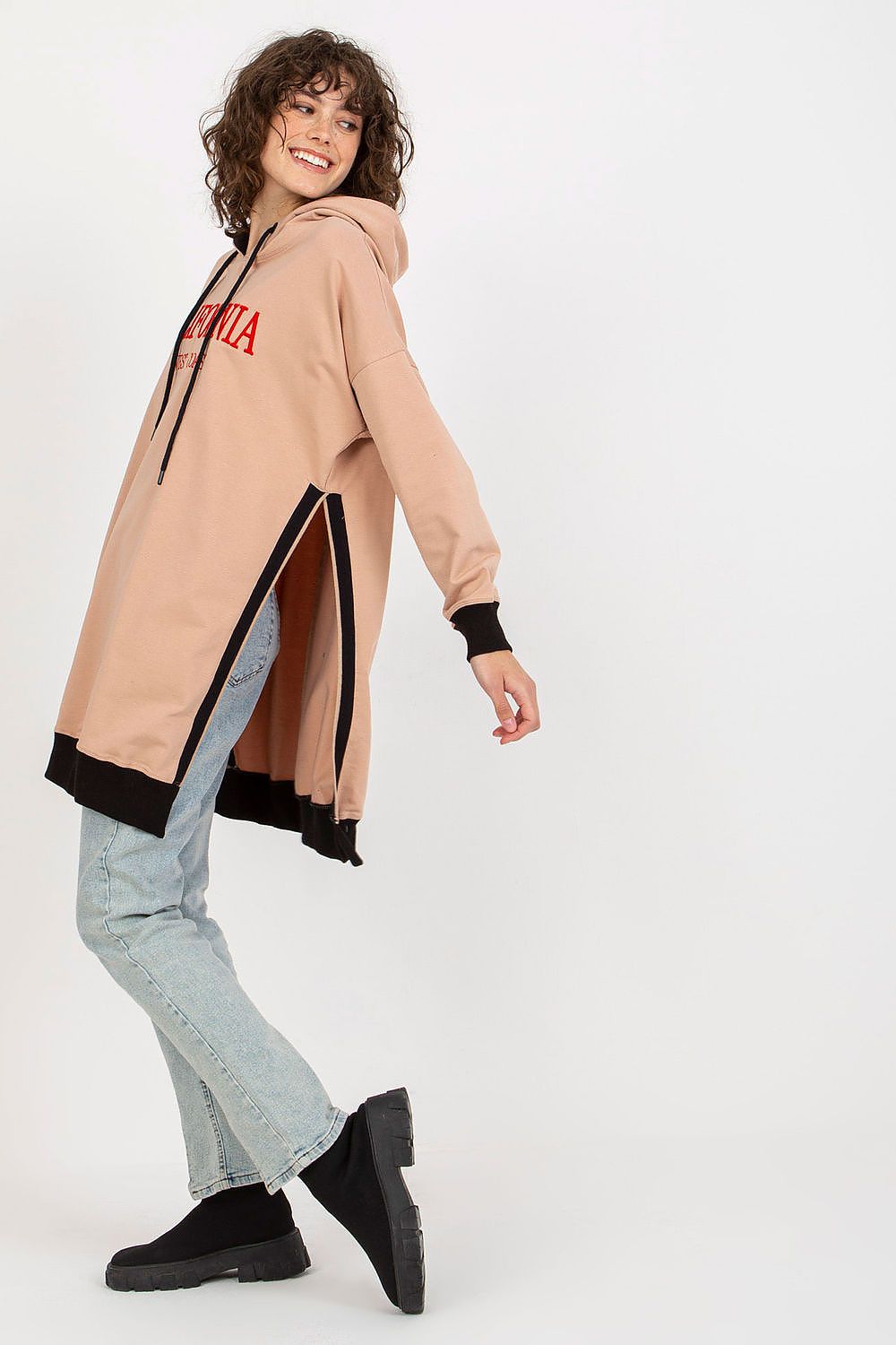 Elegant women's long casual sweatshirt with hood and side slits by Factory Price, showcasing a versatile cotton blend design in EU size 0.