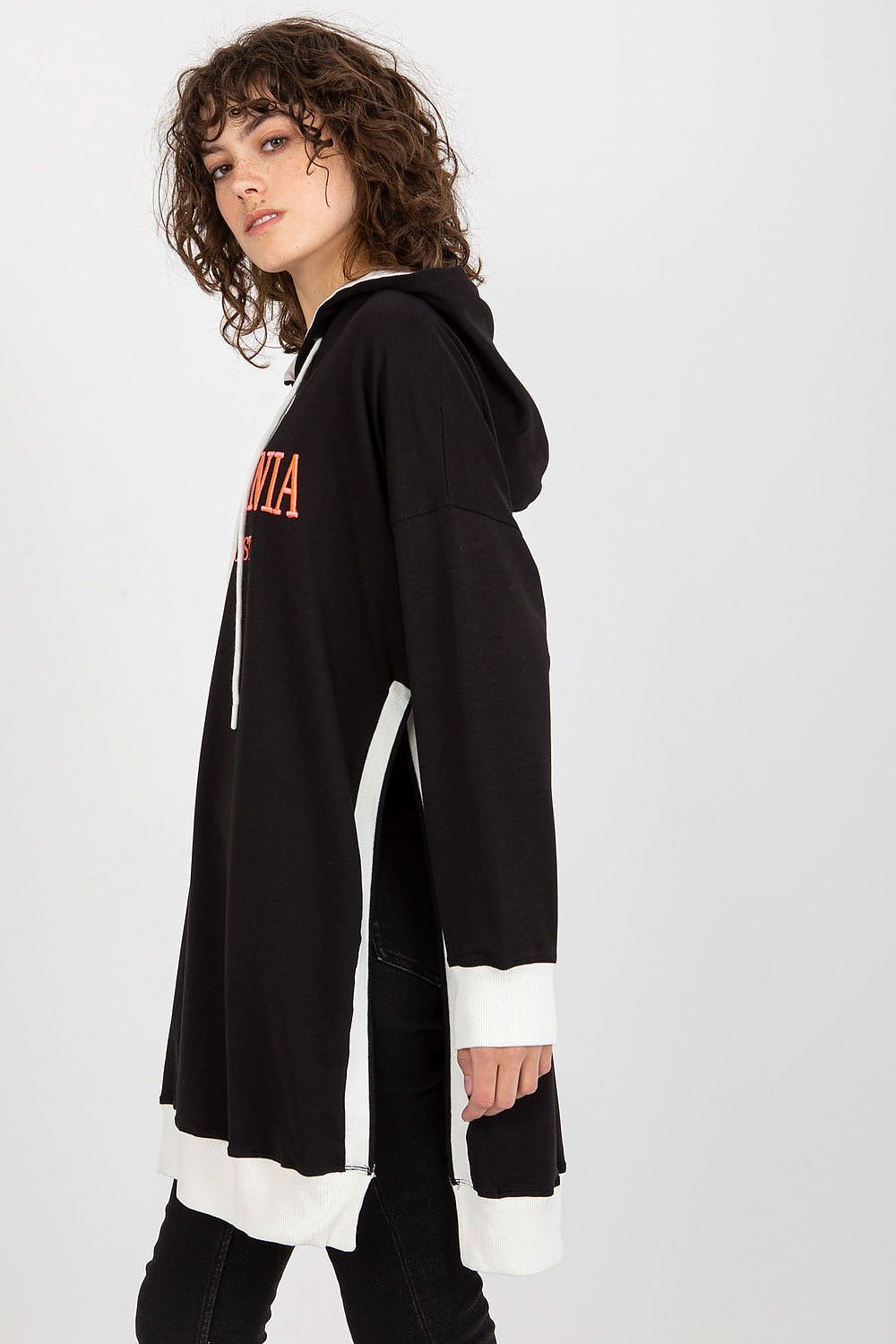 Elegant and comfortable women's long casual sweatshirt featuring a practical hood and modern design elements, available from Factory Price.