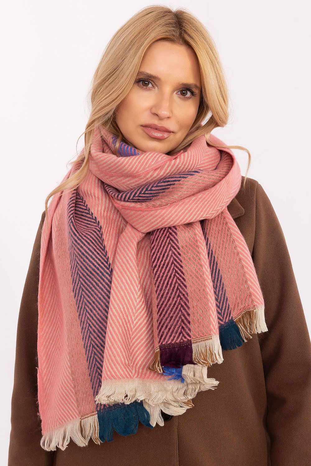 Luxurious winter accessory by AT, 194cm striped viscose scarf offering warmth and elegance for cold outings.