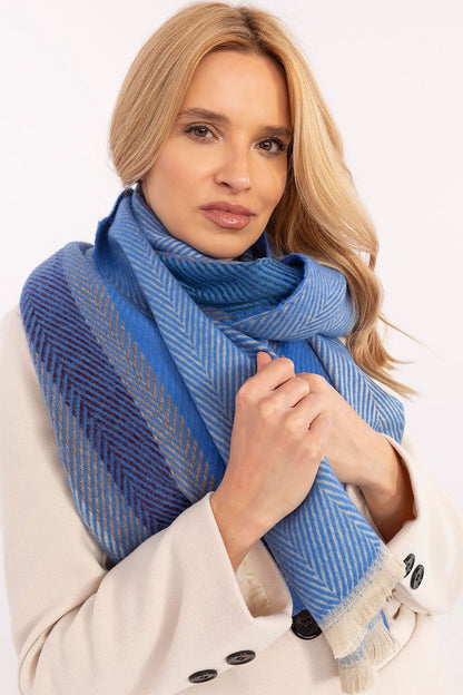 Close up of the soft, high-quality viscose fabric of the AT striped shawl scarf, ideal for warmth and style.