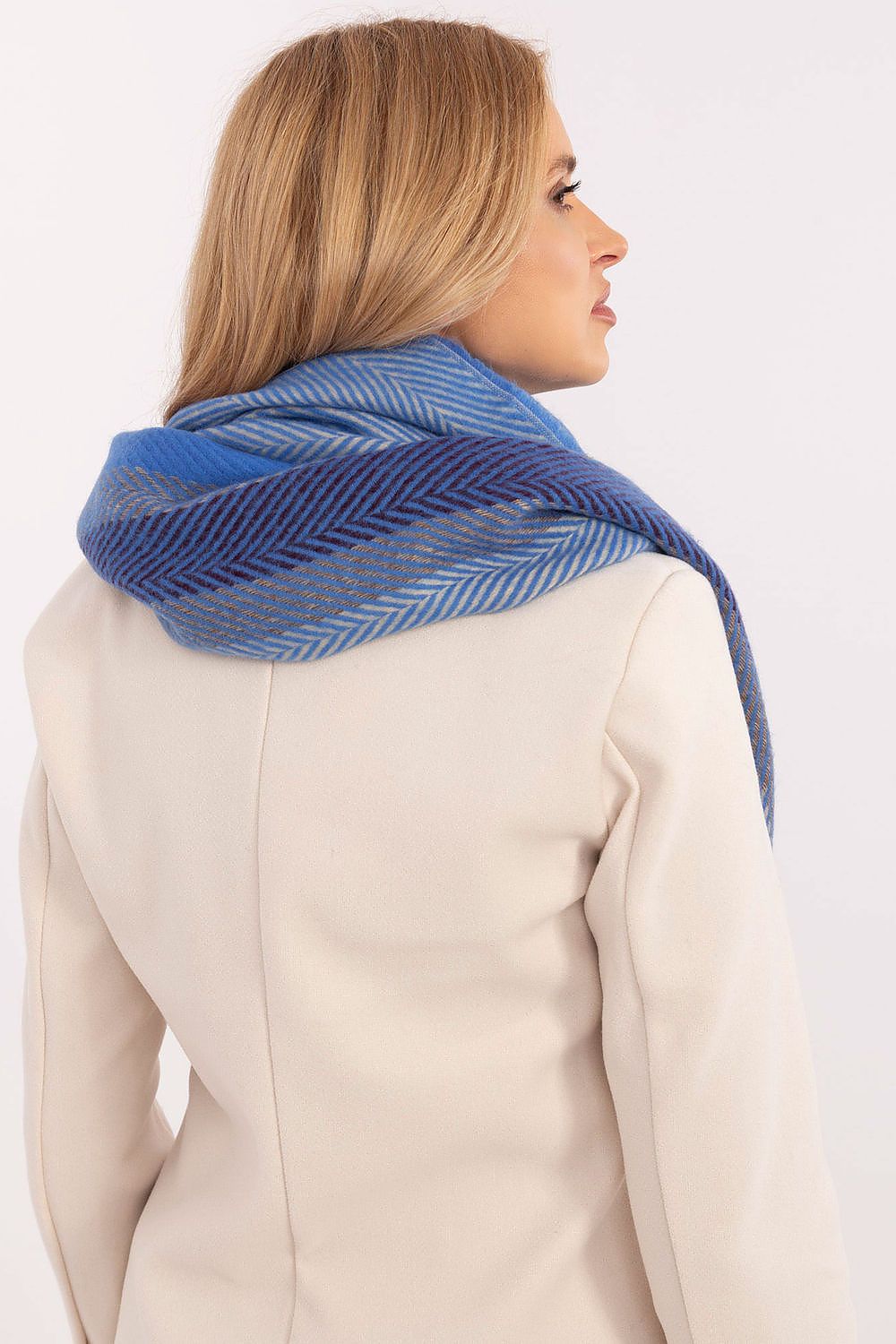 Model elegantly wearing the luxury 194cm striped viscose shawl scarf by AT, perfect for cold weather.