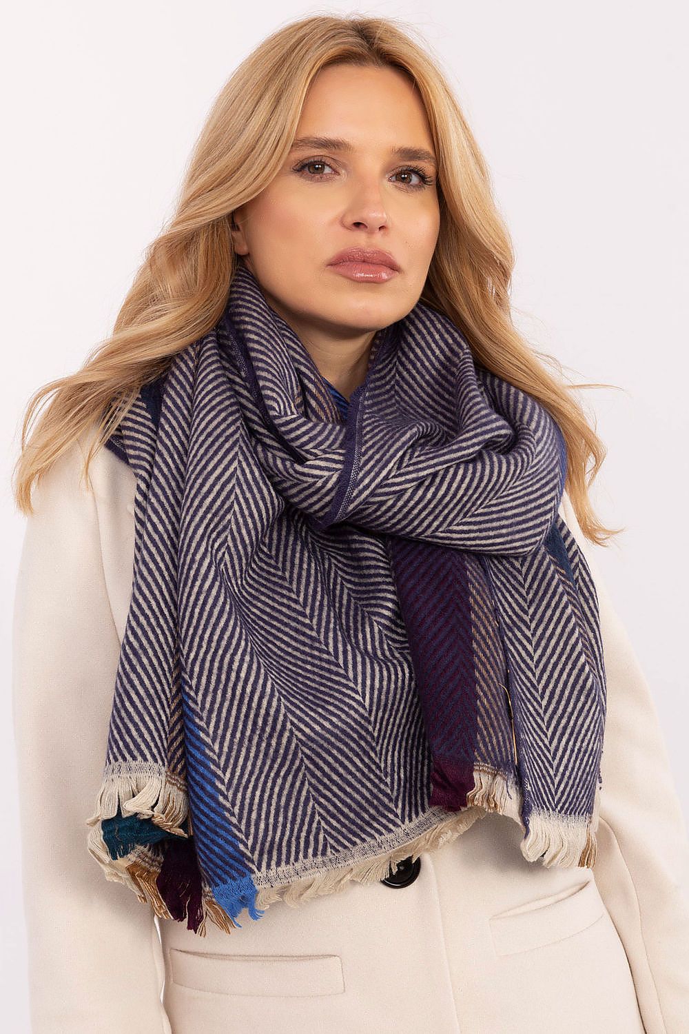 Flat lay of the luxury 194cm striped viscose shawl scarf by AT, emphasising its fashionable design and high-quality fabric.